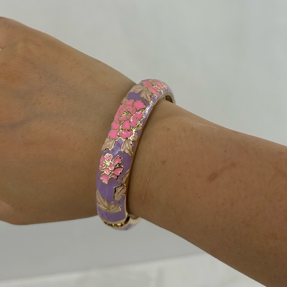 Vintage Enameled Purple Pink and Gold Peony Floral Bracelet - Picture 4 of 6